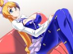  1girl aquarion_(series) aquarion_evol blue_clothes blue_eyes blue_pants breasts cleavage closed_mouth couch ebido glasses hands_together highres large_breasts legs legs_together long_hair long_ponytail looking_away mix_(aquarion) multicolored_hair ponytail puffy_sleeves serious simple_background sitting solo thighs two-tone_hair very_long_hair 