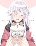  animal capelet cat closed_eyes commentary commentary_request happy holding holding_animal long_hair open_mouth sakuraba_yuuki shinki side_ponytail silver_hair smile solo touhou touhou_(pc-98) upper_body white_hair 