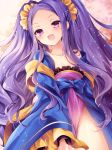  :d bangs bare_shoulders blue_bow blush bow chinese_clothes collarbone commentary_request dress dutch_angle fang fate/grand_order fate_(series) forehead frills hanfu long_hair long_sleeves nogi_takayoshi off_shoulder open_mouth parted_bangs pelvic_curtain purple_dress purple_eyes purple_hair sidelocks smile solo strapless strapless_dress two_side_up very_long_hair wide_sleeves wu_zetian_(fate/grand_order) 
