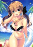  :d absurdres ahoge bangs beach bikini black_ribbon blue_sky blush breasts brown_hair cleavage cloud day eyebrows_visible_through_hair fang floating_hair frilled_bikini frills green_eyes groin hair_between_eyes hair_ribbon hand_in_hair highres innertube large_breasts leg_up long_hair motomiya_mitsuki navel ocean open_mouth original outdoors ribbon sky smile solo swimsuit twintails white_bikini 