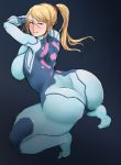  1girl artist_request ass blonde_hair blue_eyes bodysuit breast_press breasts censored feet from_behind looking_at_viewer looking_back metroid mole mole_under_mouth nintendo nude ogura_anko ponytail samus_aran skin_tight soles solo squatting zero_suit 