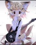  adapted_costume animal_ears blonde_hair bow bowtie brown_eyes cat_ears cat_tail commentary_request covering_mouth eyebrows_visible_through_hair guitar hand_over_own_mouth highres instrument kemono_friends long_sleeves looking_at_viewer makuran multicolored_hair sand_cat_(kemono_friends) short_hair sleeves_past_wrists solo tail white_hair wind 