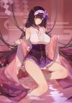  bare_shoulders barefoot black_hair breasts cloak fate/grand_order fate_(series) hairband highres hood hooded_cloak japanese_clothes large_breasts long_hair looking_at_viewer low_twintails osakabe-hime_(fate/grand_order) purple_eyes purple_skirt red_cucumber skirt soaking_feet solo twintails very_long_hair 