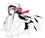  blunt_bangs closed_mouth commentary_request cowboy_shot floating_hair glasses hair_ribbon headphones horned_girl_(jaco) horns jaco long_hair long_sleeves looking_at_viewer original poncho red_eyes ribbon simple_background sketch smile spot_color standing unfinished very_long_hair white_background 