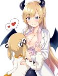  2girls animal_ears animare black_ribbon blonde_hair blush breast_grab breasts brown_hair bunny_ears cleavage demon_girl demon_horns demon_wings detached_sleeves grabbing green_eyes hair_ribbon hanerilove head_on_chest highres hololive horns inaba_haneru_(animare) labcoat large_breasts long_hair long_sleeves looking_at_another multiple_girls open_mouth pink_shirt pointy_ears polka_dot ribbon saliva shirt smile succubus virtual_youtuber white_background wings yuri yuzuki_choco 