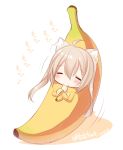  =_= ahoge animal_ears banana banana_costume blonde_hair blush cat_ears chibi closed_eyes commentary_request ear_wiggle eating food fruit happy holding konshin original signature smile solo 