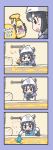  4koma :o animal_ears apron bathroom bathtub black_eyes black_neckwear blue_background bow bowtie cleaning comic commentary common_raccoon_(kemono_friends) elbow_gloves fur_collar gloves grey_hair head_scarf highres holding japari_symbol kemono_friends kotobuki_(tiny_life) multicolored_hair puffy_short_sleeves puffy_sleeves raccoon_ears short_hair short_sleeves solo translated two-tone_hair 