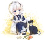  absurdres animal apron arm_support azur_lane bangs belchan_(azur_lane) belfast_(azur_lane) black_cat blue_bow blue_dress blue_eyes blue_footwear blush bow cat closed_eyes closed_mouth collarbone commentary_request dress flower flower_in_mouth frilled_apron frilled_dress frills gloves hair_bow highres ia_(ias1010) long_hair looking_away looking_to_the_side maid_headdress mary_janes mouth_hold one_side_up pantyhose pink_flower shoes silver_hair sleeveless sleeveless_dress smile solo squatting striped striped_bow white_apron white_background white_flower white_gloves white_legwear yellow_flower younger 