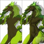  claws crotch_tuft fangs fluffy fur green_fur green_sclera hand_on_hip licking looking_at_viewer open_maw rakshajareth red_eyes sergal shysa-the-sergal solo spikes teeth tongue tongue_out 