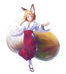  animal_ear_fluff animal_ears bangs blonde_hair blue_eyes blunt_bangs commentary fox_ears fox_girl_(jaco) fox_tail full_body hakama jaco japanese_clothes large_tail long_sleeves miko original outstretched_arms red_hakama sandals short_hair_with_long_locks sidelocks simple_background slit_pupils solo spread_arms standing tabi tail white_background white_legwear 