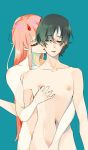  1boy 1girl black_hair blue_eyes couple darling_in_the_franxx eyebrows_visible_through_hair face_licking green_eyes gridour hand_on_another&#039;s_chest hiro_(darling_in_the_franxx) horns hug_from_behind long_hair nude oni_horns pink_hair red_horns short_hair zero_two_(darling_in_the_franxx) 