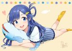  :d asari_nanami blue_eyes blue_hair commentary_request dark_blue_hair dated fish_hair_ornament hair_ornament hair_rings idolmaster idolmaster_cinderella_girls leg_up long_hair looking_at_viewer lying no_shoes object_hug on_stomach open_mouth signature smile solo stuffed_animal stuffed_fish stuffed_toy tarachine yellow_legwear 