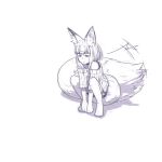  =3 animal_ear_fluff animal_ears bangs barefoot bike_shorts fox_ears fox_girl fox_girl_(jaco) fox_tail full_body jaco large_tail monochrome motion_lines off-shoulder_sweater original ribbed_sweater short_hair sidelocks simple_background sketch solo squatting sweater tail tail_wagging v_arms white_background 