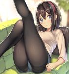  ass bangs black_hair blue_eyes blurry blush breasts closed_mouth commentary couch day denim denim_shorts depth_of_field eyebrows_visible_through_hair hair_between_eyes kureha_(ironika) legs looking_at_viewer medium_breasts on_couch original pantyhose short_shorts shorts sidelocks sleeves_past_elbows solo thighband_pantyhose thighs tsubasa_(kureha) 