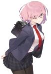  bag bangs black-framed_eyewear black_jacket black_legwear black_skirt blazer blush breasts closed_mouth collared_shirt commentary_request dress_shirt eyebrows_visible_through_hair fate/grand_order fate_(series) glasses hair_over_one_eye hayashi_kewi jacket large_breasts long_sleeves mash_kyrielight necktie open_blazer open_clothes open_jacket pantyhose pink_hair plaid plaid_skirt pleated_skirt purple_eyes red_neckwear school_bag shirt short_hair simple_background skirt smile solo white_background white_shirt 