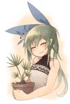 bare_arms bare_shoulders blue_bow bow closed_eyes commentary english_commentary facing_viewer flower green_hair hair_bow hair_flower hair_ornament highres holding kaginoni long_hair namesake original plant ponytail potted_plant saw_palmetto selenoah sleeveless smile solo upper_body 