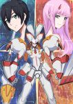  1girl black_hair blue_eyes commentary darling_in_the_franxx green_eyes highres hiro_(darling_in_the_franxx) horns long_hair looking_at_viewer memekun oni_horns pink_hair strelizia zero_two_(darling_in_the_franxx) 