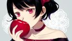  achiki apple bangs bare_shoulders black_hair blush choker close-up commentary_request covering_mouth face food fruit holding jewelry looking_at_viewer original red_apple red_eyes short_hair simple_background single_earring snow_white solo 