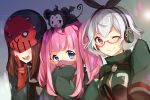  :d ;) bangs black_ribbon blue_eyes blush breasts brown_hair closed_mouth creature eyebrows_visible_through_hair face_mask glasses gloves green_jacket green_mittens guru_(last_period) hair_between_eyes hair_ribbon headphones helmet iwazaru_(last_period) jacket kikazaru_(last_period) last_period leafwow long_hair long_sleeves looking_at_viewer mask medium_breasts mittens mizaru_(last_period) multiple_girls ninja_mask on_head one_eye_closed open_mouth pink_hair pointy_ears red-framed_eyewear red_eyes red_gloves ribbon semi-rimless_eyewear sidelocks silver_hair sleeves_past_fingers sleeves_past_wrists smile twintails under-rim_eyewear upper_teeth v 