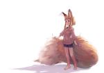  animal_ear_fluff animal_ears barefoot bike_shorts blonde_hair blue_eyes commentary fox_ears fox_girl_(jaco) fox_tail jaco large_tail long_sleeves original short_hair_with_long_locks sidelocks simple_background solo standing sweater tail white_background 