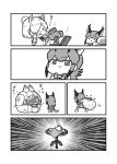  &gt;_&lt; :3 alpaca_ears alpaca_suri_(kemono_friends) animal_ears bow bowtie caracal_(kemono_friends) caracal_ears comic cup emphasis_lines eyebrows_visible_through_hair fur_collar greyscale highres jack-in-the-box kemono_friends kemono_friends_pavilion kotobuki_(tiny_life) lucky_beast_(kemono_friends) lucky_beast_type_3 monochrome multiple_girls neck_ribbon open_mouth outdoors playground_equipment_(kemono_friends_pavilion) ribbon sack short_hair solid_circle_eyes surprised table teacup teapot 