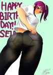  1girl artist_request ass birthday blush breasts denim embarrassed from_behind from_below hair_ribbon happy_birthday jeans kazuno_sarah leaning leaning_forward long_hair looking_at_viewer love_live! love_live!_sunshine!! pants pantylines purple_hair red_eyes ribbon shiny shiny_hair shirt sideboob solo 