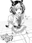  animal_ears blush breasts greyscale horse_ears horse_girl large_breasts monochrome nolia open_mouth running short_hair smile solo special_week thighhighs umamusume 