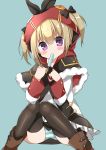  absurdres azur_lane bangs black_bow black_capelet black_legwear black_ribbon black_skirt blonde_hair blue_background blush boots bow brown_footwear capelet commentary_request eyebrows_visible_through_hair food food_in_mouth fur-trimmed_capelet fur_trim hair_between_eyes hair_bow hair_through_headwear hamada_pengin head_tilt highres hood hood_up long_hair long_sleeves looking_at_viewer mouth_hold norfolk_(azur_lane) panties popsicle purple_eyes ribbon sidelocks simple_background sitting skirt solo striped striped_panties thighhighs twintails underwear 