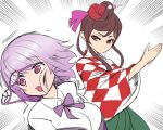  2girls brown_hair checkered checkered_kimono dango_hair_ornament food_themed_hair_ornament glasses hair_ornament japanese_clothes kimono lavender_hair long_hair multiple_girls necktie okamura_(okamura086) purple_eyes purple_hair red_eyes ribbon shinjou_akane shirt slapping ssss.gridman white_shirt yuugiri_(zombie_land_saga) zombie_land_saga 