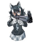  animal_ears blue_eyes coat cowboy_shot eyebrows_visible_through_hair fur_collar grey_hair grey_wolf_(kemono_friends) gun heterochromia highres kel-tec_ksg kemono_friends long_hair long_sleeves multicolored_hair necktie omnisucker plaid plaid_neckwear plaid_skirt pleated_skirt shotgun skirt sleeve_cuffs solo weapon white_hair wolf_ears wolf_girl yellow_eyes 