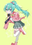  :&lt; absurdres aqua_hair black_neckwear blue_eyes blush boots bow collared_shirt commentary diagonal_stripes green_background green_bow grey_skirt hair_bow hamada_pengin hand_up hatsune_miku headphones headphones_around_neck high_ponytail highres hood hood_down hooded_jacket jacket long_hair long_sleeves looking_at_viewer looking_to_the_side necktie open_clothes open_jacket parted_lips pink_bow pink_footwear pink_jacket pleated_skirt ponytail project_diva_(series) ribbon_girl_(module) school_uniform shirt simple_background skirt sleeves_past_wrists solo standing standing_on_one_leg star striped striped_neckwear thighhighs triangle_mouth vocaloid white_legwear white_shirt 