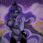  2018 absurd_res anthro anthrofied areola armwear blue_eyes blue_hair breasts clothing digital_media_(artwork) elbow_gloves equine feathered_wings feathers female friendship_is_magic gloves hair hi_res horn legwear long_hair mammal my_little_pony navel night nipples princess_luna_(mlp) pussy sky solo star starry_sky wickedsilly winged_unicorn wings 