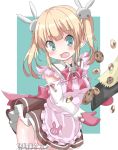  apron bangs blonde_hair blush breasts brown_shirt brown_skirt bunny_hair_ornament checkerboard_cookie chocolate_chip_cookie collared_shirt commentary_request cookie detached_sleeves eyebrows_visible_through_hair fang food frilled_apron frills green_background green_eyes hair_ornament hamada_pengin head_tilt highres long_hair long_sleeves medium_breasts open_mouth original oven_mitts pink_apron pleated_skirt shirt sidelocks skirt solo twintails two-tone_background white_background 
