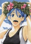  :d absurdres asahina_suzuka blue_eyes blue_hair blue_sky cloud collarbone day flower gym_uniform head_wreath highres open_mouth outdoors pink_flower scan seo_kouji short_hair sky sleeveless smile solo suzuka uniform upper_body 