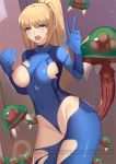  1girl areolae blonde_hair blue_eyes bodysuit breasts covered_navel highres large_breasts long_hair looking_at_viewer metroid nintendo nipples open_mouth ponytail samus_aran skin_tight solo squirrelhollow standing torn_clothes zero_suit 