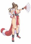  1girl absurdres blush breasts brown_hair cleavage curvy doll_joints fan fatal_fury female full_body great_magami highres japanese_clothes large_breasts loincloth long_hair ninja pelvic_curtain ponytail revealing_clothes ribbon shiny shiny_skin shiranui_mai simple_background smile snk solo the_king_of_fighters white_background wide_hips 