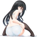  asashio_(kantai_collection) ass back bangs black_hair black_legwear blue_eyes blush bra breasts chromatic_aberration commentary_request dd_(ijigendd) eyebrows eyebrows_visible_through_hair from_behind full_body hair_between_eyes kantai_collection long_hair looking_away looking_back looking_to_the_side panties simple_background single_bare_shoulder sitting small_breasts solo straight_hair strap_slip thighhighs underwear underwear_only white_background white_bra white_panties 
