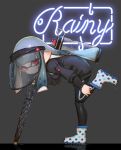  black_jacket black_pants black_umbrella blue_hair boots closed_mouth closed_umbrella commentary_request domino_mask english from_side grey_background highres ink_tank_(splatoon) inkling jacket leaning_forward long_sleeves looking_at_viewer looking_to_the_side mask neon_lights pants pointy_ears polka_dot polka_dot_footwear red_eyes rubber_boots see-through signature simple_background solo splatoon_(series) standing standing_on_one_leg tentacle_hair track_pants umbrella visor_cap wet wet_jacket wet_pants white_footwear yu-ri 