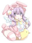  :o animal_ears animal_hat bangs bib blue_wings blush bow bunny_ears bunny_hat bunny_tail commentary_request eyebrows_visible_through_hair hair_between_eyes hair_ornament hamada_pengin hat highres holding long_hair long_sleeves looking_at_viewer onesie original pacifier parted_lips pink_hat purple_eyes purple_hair rattle simple_background solo striped striped_legwear tail thighhighs twintails very_long_hair white_background wings yellow_bow 