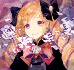 blonde_hair bow drill_hair elise_(fire_emblem_if) fire_emblem fire_emblem_if flower hair_bow long_hair looking_at_viewer petals purple_eyes rose rose_petals smile solo traditional_media twin_drills watercolor_(medium) 