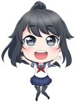  black_eyes black_hair blush chibi eyebrows_visible_through_hair happy imminent_hug open_eyes open_mouth ponytail school_uniform serafuku smile thighhighs transparent_background yandere yandere_simulator 