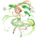  :d ankle_ribbon asuna_(sao) brown_eyes brown_hair collarbone dress fish flower frilled_dress frills full_body green_footwear green_ribbon hair_flower hair_ornament hair_ribbon layered_dress looking_at_viewer official_art open_mouth outstretched_arms pumps purple_flower ribbon short_hair simple_background sleeveless sleeveless_dress smile solo sundress sword_art_online sword_art_online:_code_register sword_art_online:_memory_defrag white_background white_legwear younger 