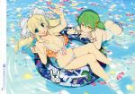  absurdres ass bangs bare_arms bare_legs bare_shoulders bikini blonde_hair blue_innertube blush bow breasts butt_crack cleavage day fingernails floral_print frills front-tie_bikini front-tie_top green_eyes green_hair hair_bow hair_ornament hairclip highres hikage_(senran_kagura) huge_filesize innertube large_breasts looking_at_viewer multiple_girls non-web_source official_art open_mouth outdoors partially_submerged petals petals_on_liquid scan senran_kagura senran_kagura_peach_beach_splash short_twintails sidelocks smile swimsuit translation_request twintails v water yaegashi_nan yellow_eyes yomi_(senran_kagura) 