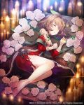  bare_shoulders barefoot bow brown_hair candle character_request detached_sleeves dress flower glint hair_bow hair_ornament indoors jewelry lying medium_hair official_art on_side puffy_sleeves red_dress sleeping toshi_gahara venus_rumble watermark 
