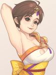  ahoge arm_up armpits breasts brown_eyes brown_hair cleavage hair_ornament large_breasts lips looking_at_viewer maou_alba nene_(sengoku_musou) ninja obi pauldrons sash sengoku_musou sengoku_musou_2 short_hair solo upper_body 