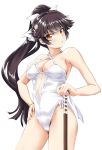  azur_lane bangs bare_arms bare_shoulders black_hair bow breasts chiaki_tarou cleavage collarbone cowboy_shot eyebrows eyebrows_visible_through_hair eyelashes fingernails flower hair_bow hair_flower hair_ornament hand_on_hip high_ponytail highleg highleg_swimsuit large_breasts legs_apart long_hair one-piece_swimsuit orange_eyes simple_background solo standing swimsuit takao_(azur_lane) very_long_hair white_background white_bow white_flower white_swimsuit 