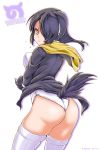  2017 artist_name ass bird_tail black_hair blush breasts character_name chiaki_tarou closed_mouth copyright_name dated emperor_penguin_(kemono_friends) eyebrows eyelashes flying_sweatdrops from_behind frown hair_over_one_eye headphones japari_symbol kemono_friends leotard long_hair long_sleeves looking_at_viewer looking_back medium_breasts silhouette simple_background solo tail_raised thighhighs tsurime v-shaped_eyebrows white_background white_legwear white_leotard yellow_eyes 