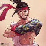  abs arm_tattoo black_hair cosplay crossed_arms facial_hair gloves goatee hadanugi_dousa hanzo_(overwatch) headband male_focus moize_opel muscle off_shoulder overwatch red_gloves ryuu_(street_fighter) ryuu_(street_fighter)_(cosplay) short_hair solo street_fighter tattoo thick_eyebrows topknot 