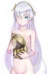  anastasia_(fate/grand_order) bad_id bad_pixiv_id blue_eyes breasts collarbone eyebrows_visible_through_hair fate/grand_order fate_(series) groin hair_over_one_eye hairband highres holding_head long_hair navel nude sideboob silver_hair simple_background small_breasts solo standing sunday_se7en very_long_hair white_background yellow_hairband 