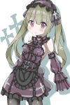  :&lt; apron bangs bare_shoulders black_apron black_legwear blush bow breasts commentary_request cross detached_sleeves dress eyebrows_visible_through_hair frilled_apron frilled_dress frilled_hairband frills gothic_lolita green_hair hair_between_eyes hairband hamada_pengin highres leaning_back lolita_fashion long_hair long_sleeves looking_at_viewer medium_breasts original pantyhose parted_lips puffy_long_sleeves puffy_sleeves purple_bow purple_dress purple_eyes purple_hairband sleeves_past_fingers sleeves_past_wrists solo triangle_mouth twintails very_long_hair waist_apron white_background 